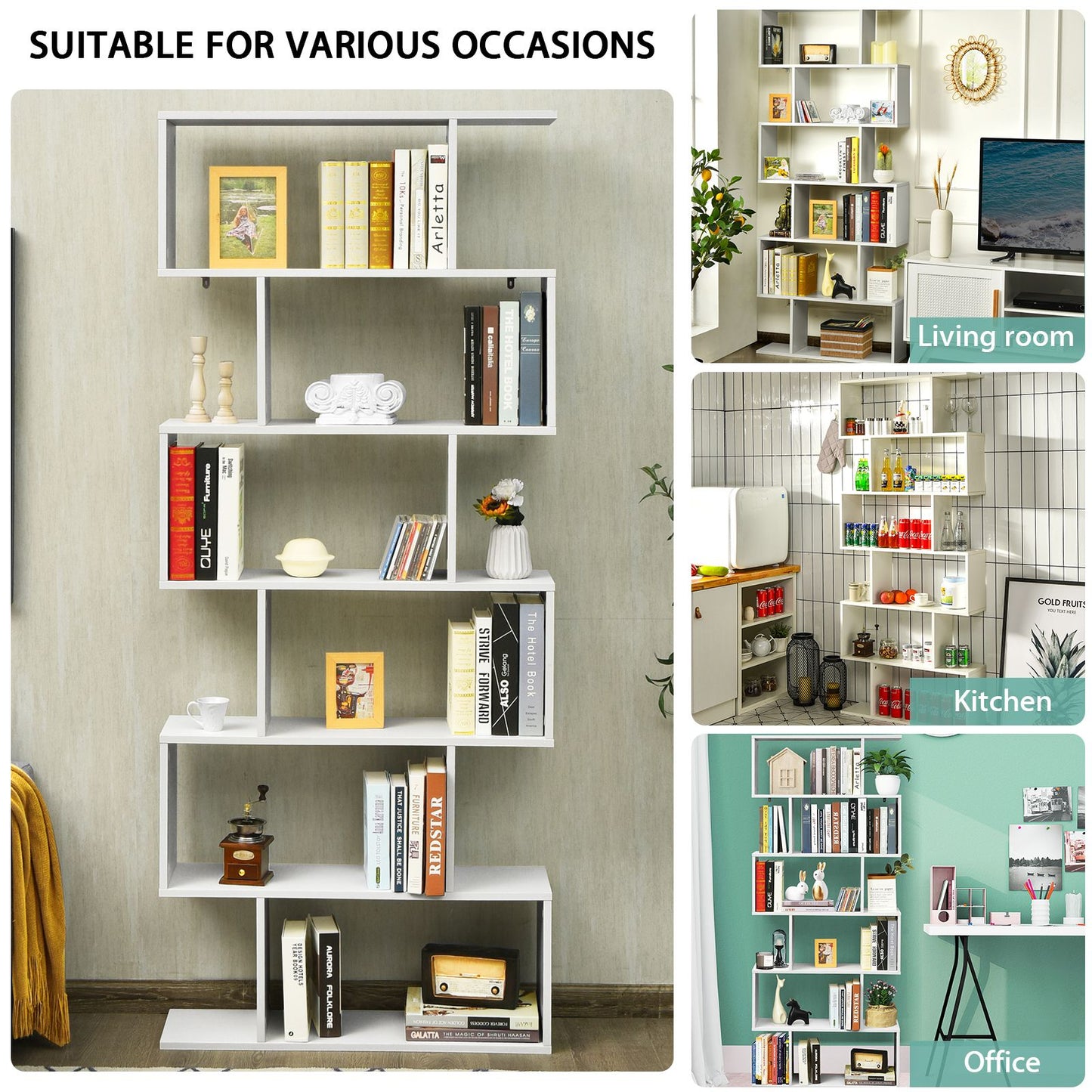 Stylish 6-Tier S-Shaped Wooden Industrial Bookshelf - Perfect for Home or Office Decor