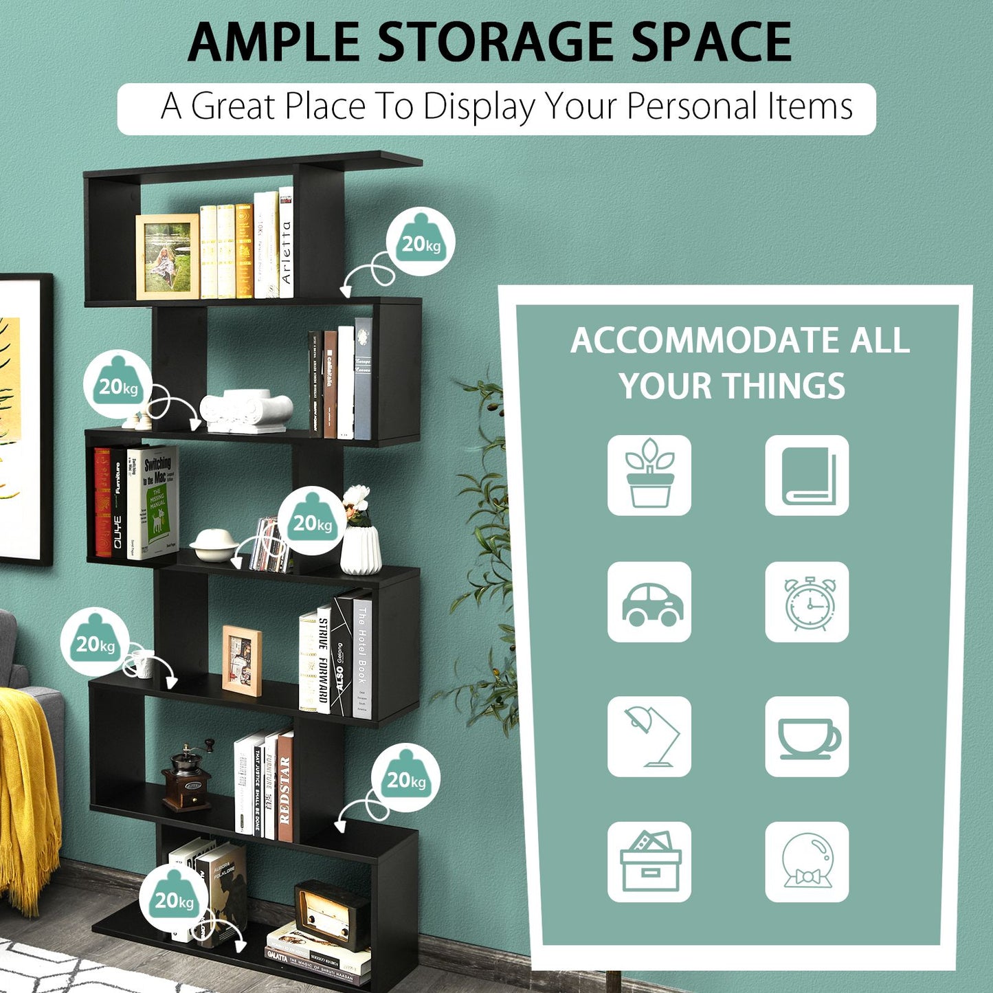 Stylish 6-Tier S-Shaped Wooden Industrial Bookshelf - Perfect for Home or Office Decor