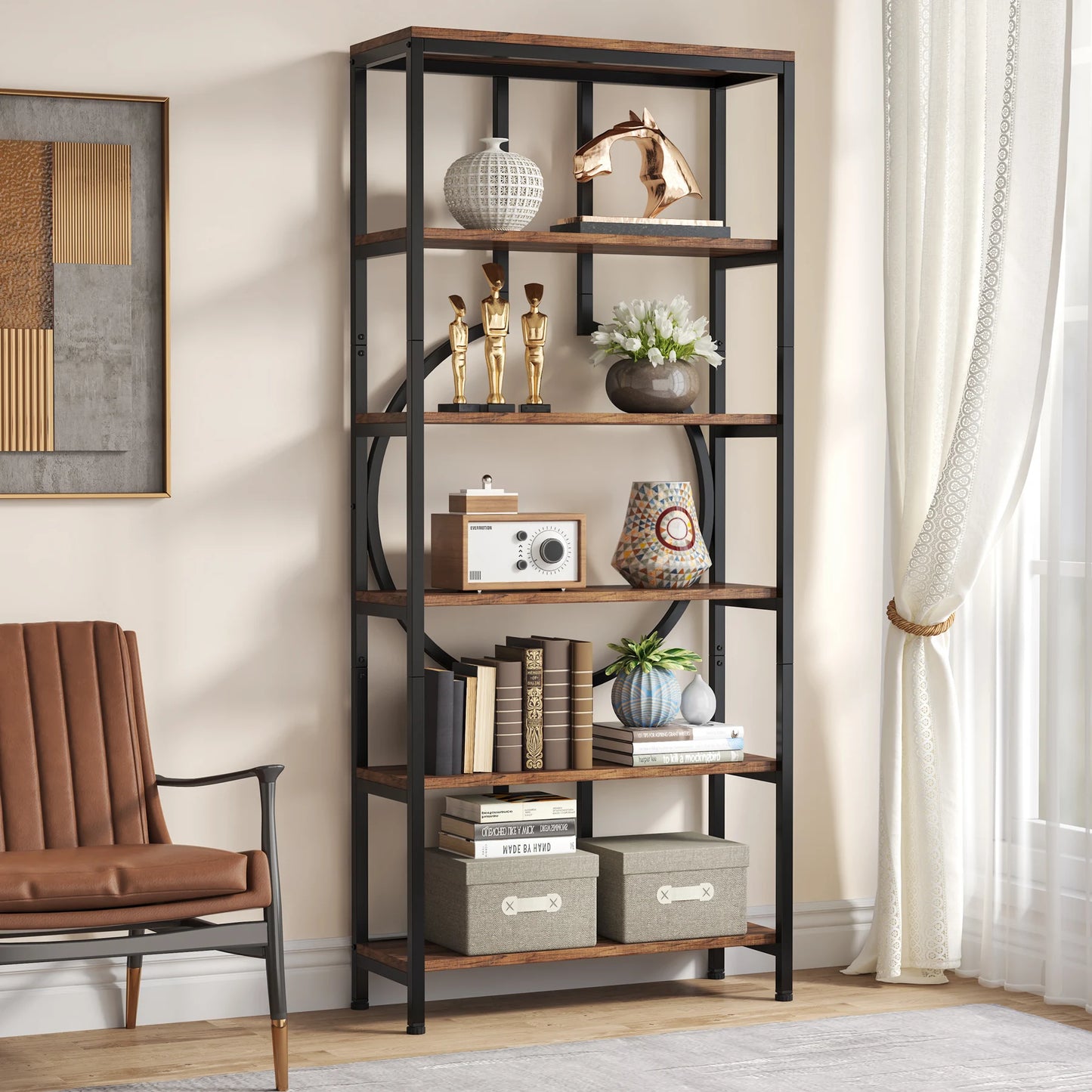 Stylish Industrial Tall Bookshelf - Wood & Metal Open Shelf Storage Unit