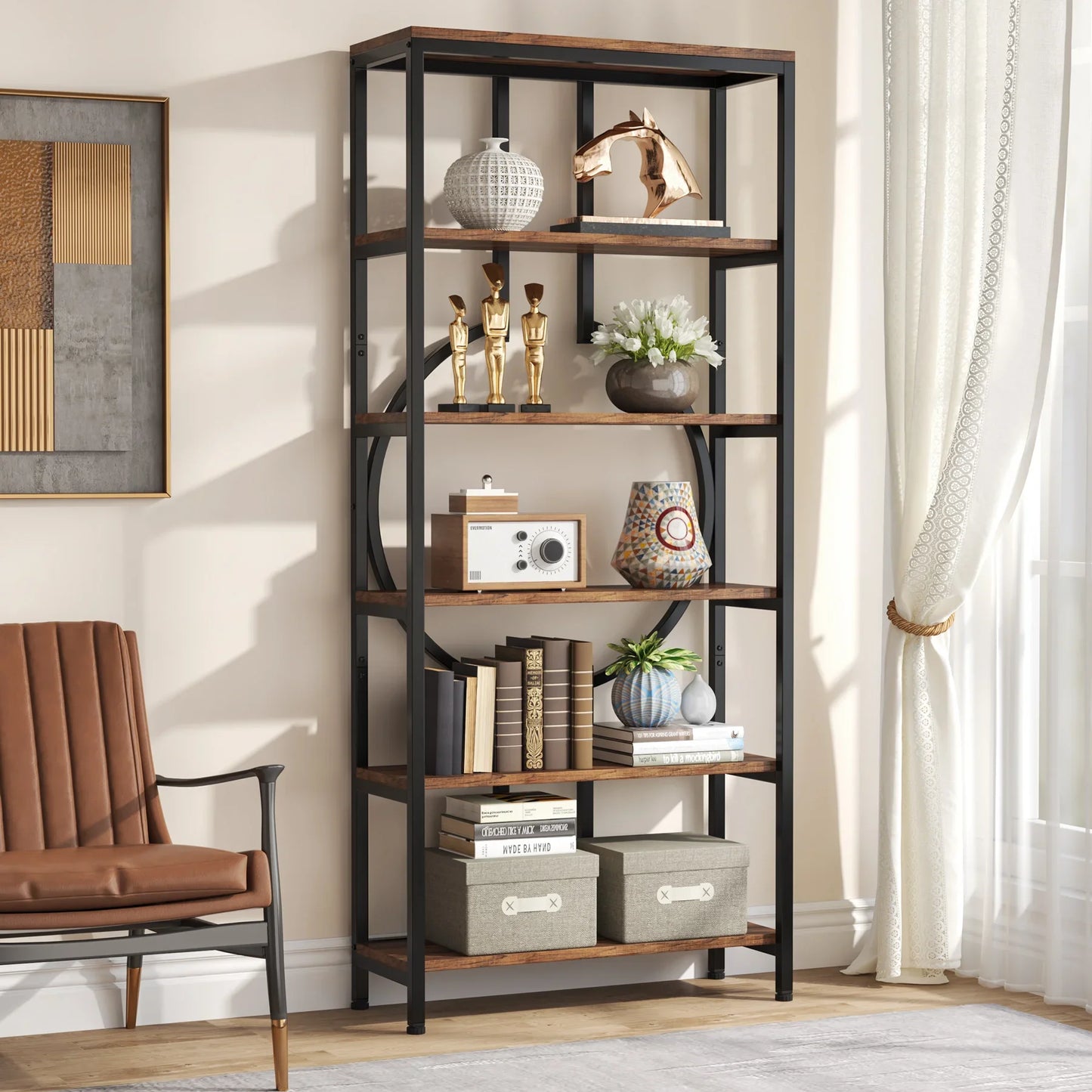 Stylish Industrial Tall Bookshelf - Wood & Metal Open Shelf Storage Unit