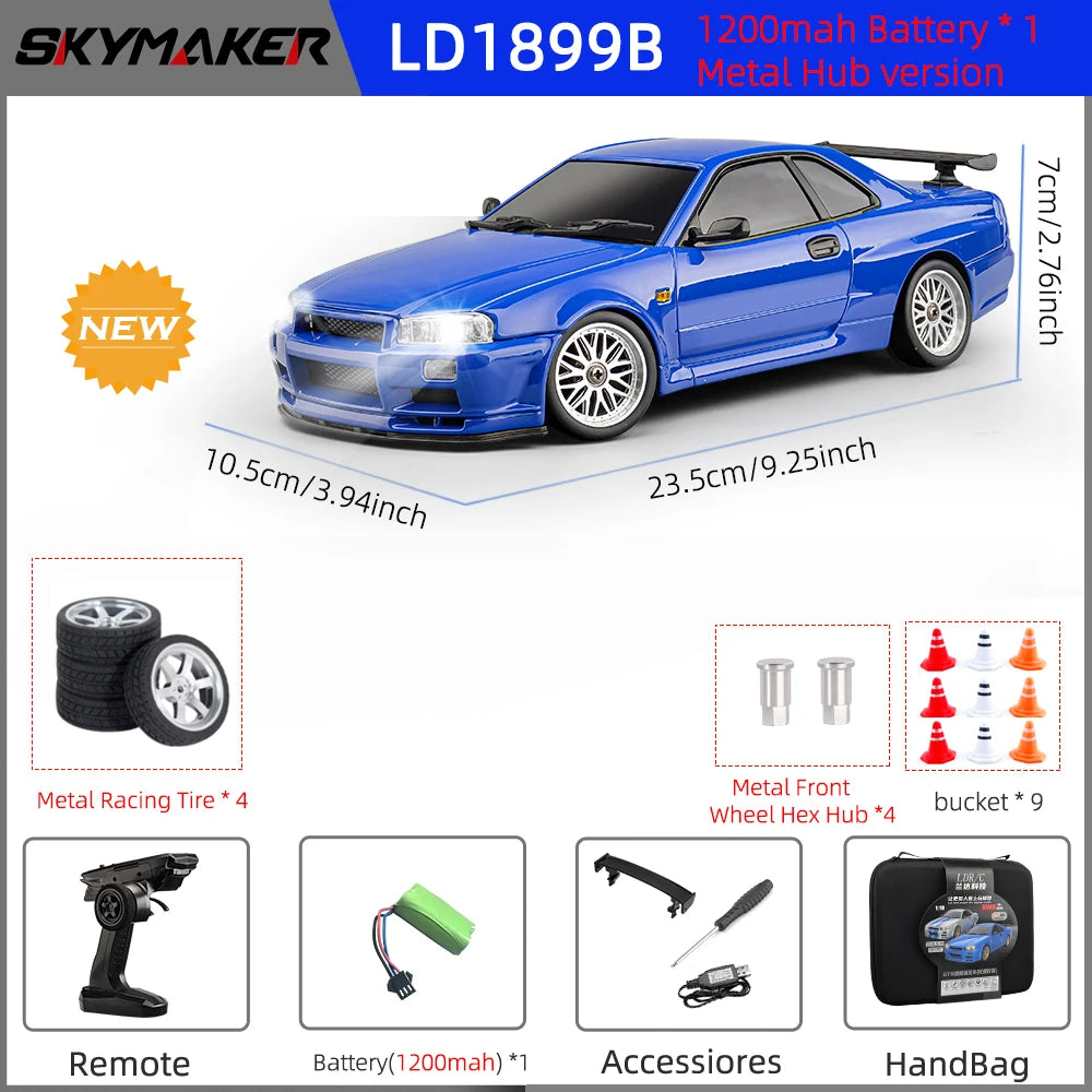 LD1899 1/18 Scale GTR R34 RC Drifting Car - High-Speed Alloy Body with Gyroscope & 2.4GHz RWD Remote Control Racing Vehicle