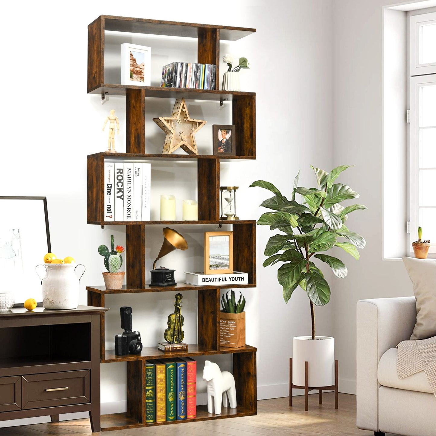 Stylish 6-Tier S-Shaped Wooden Industrial Bookshelf - Perfect for Home or Office Decor