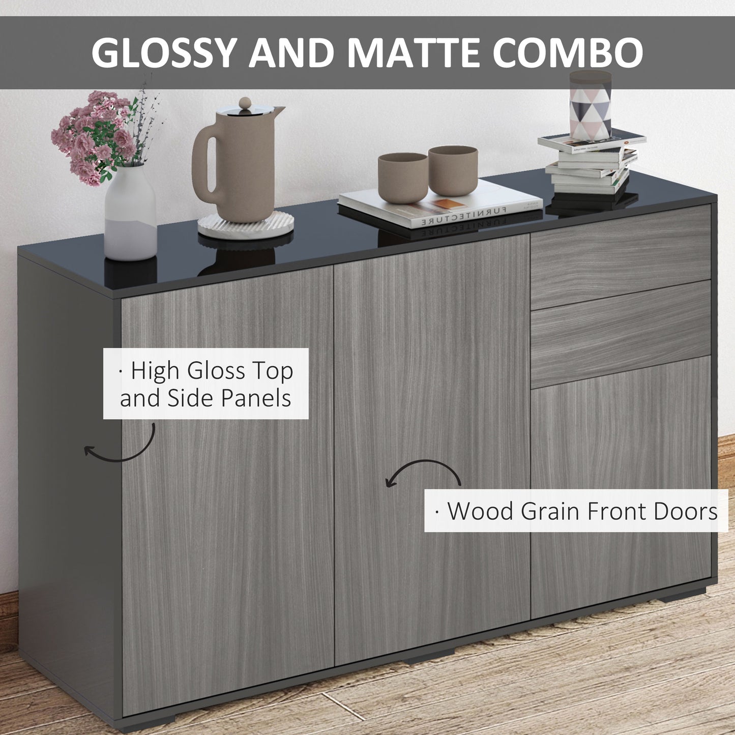 Elegant Dual-Finish Side Cabinet: 2 Doors + 2 Drawers for Stylish Organization