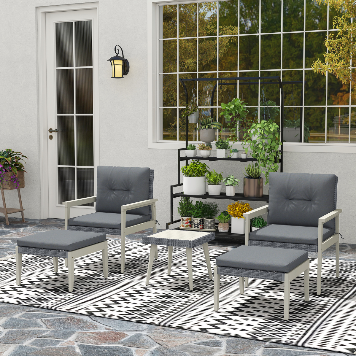 5-Piece Rattan Patio Set with Stylish Acacia Wood Coffee Table