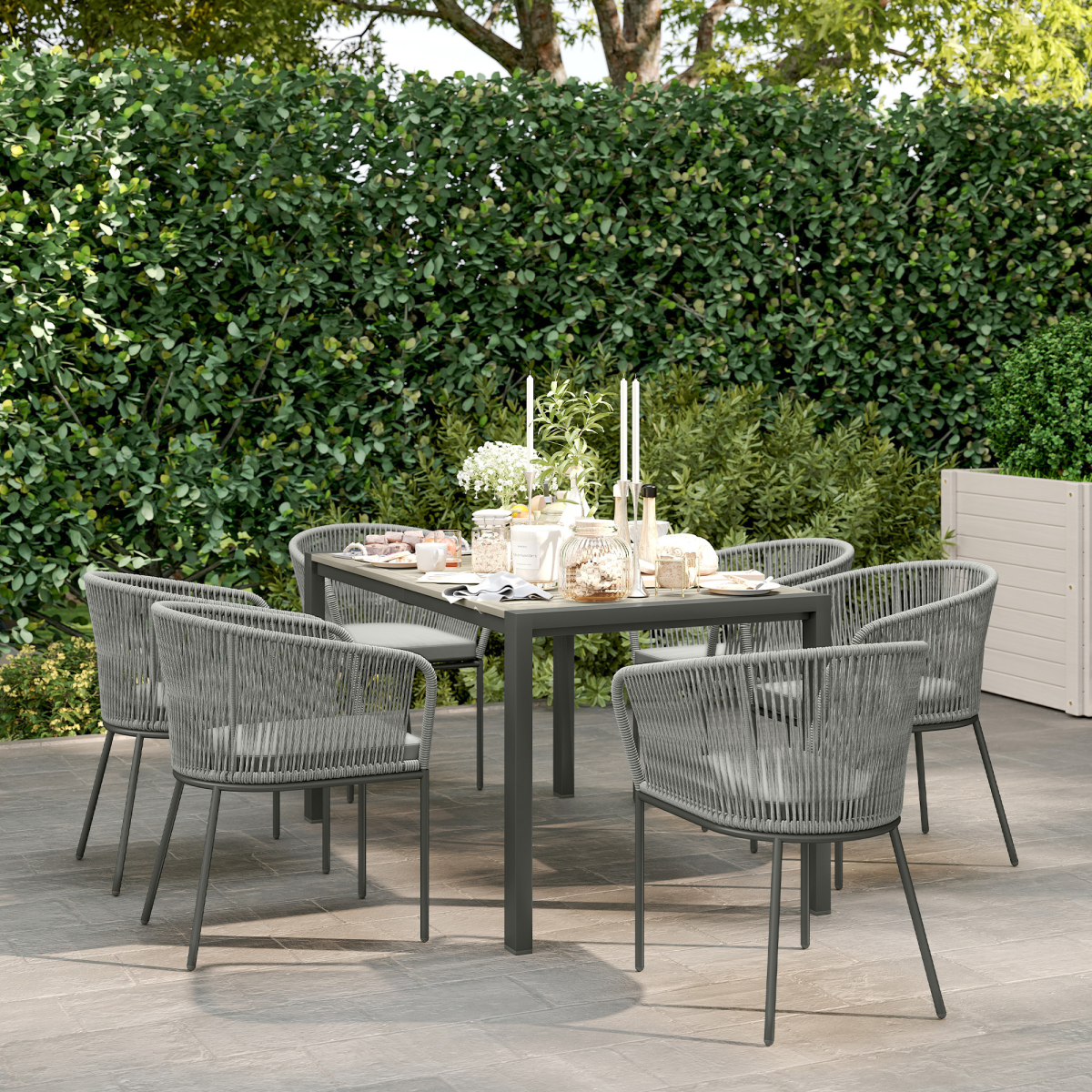 6-Seater Rattan Dining Set with Stylish Acacia Wood Table & Cushions