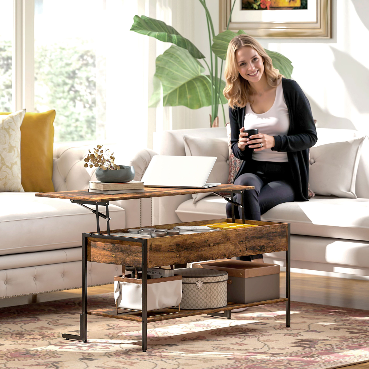 Versatile Rustic Lift Top Coffee Table with Ample Storage & Adjustable Feet