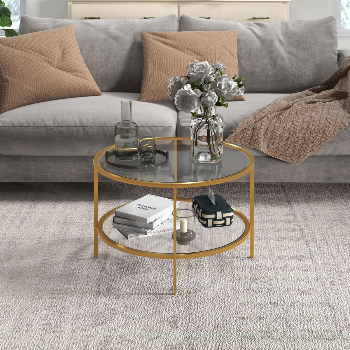 Elegant Gold Round Coffee Table with Storage Shelf & Sleek Glass Top