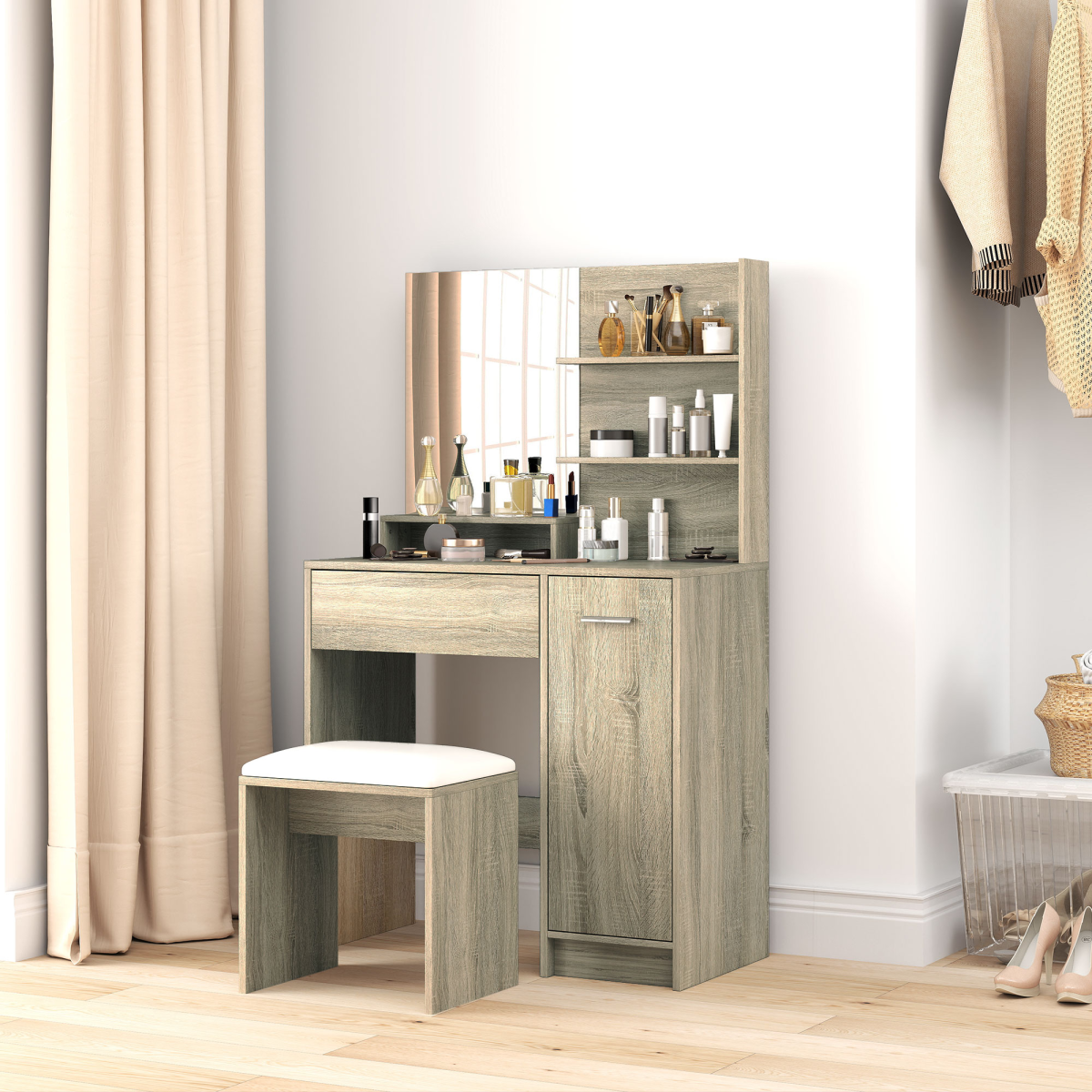 Vanity Set: Elegant Dressing Table with Mirror & Plush Stool