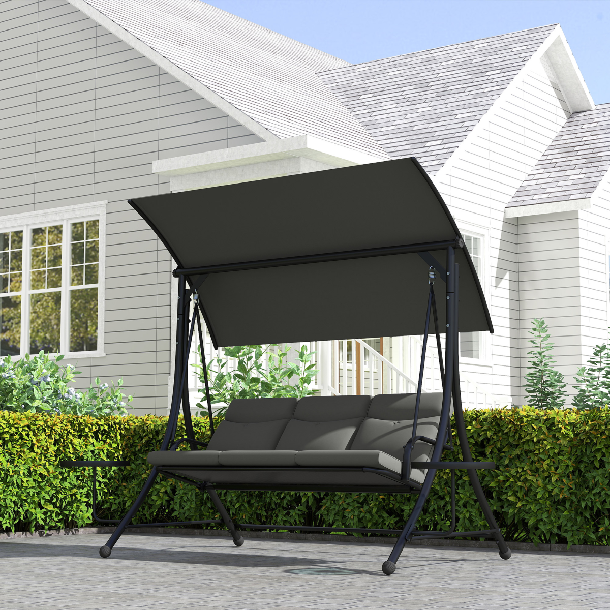 3-Seater Patio Swing Chair with Adjustable Canopy & Glass Tables