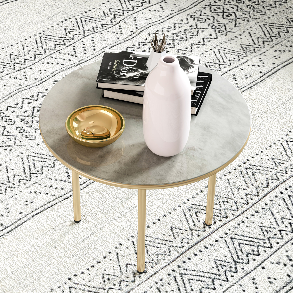 Chic Round Table with Elegant Faux Marble Glass Top - Beige