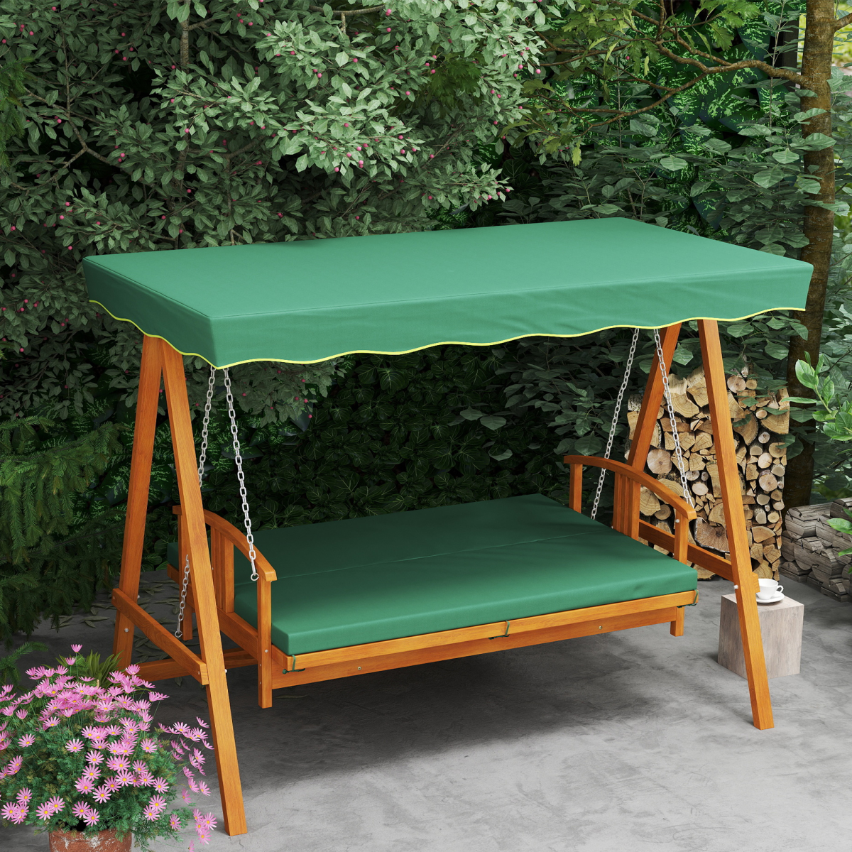 3-Seater Wooden Garden Swing Chair with Cushions & Canopy