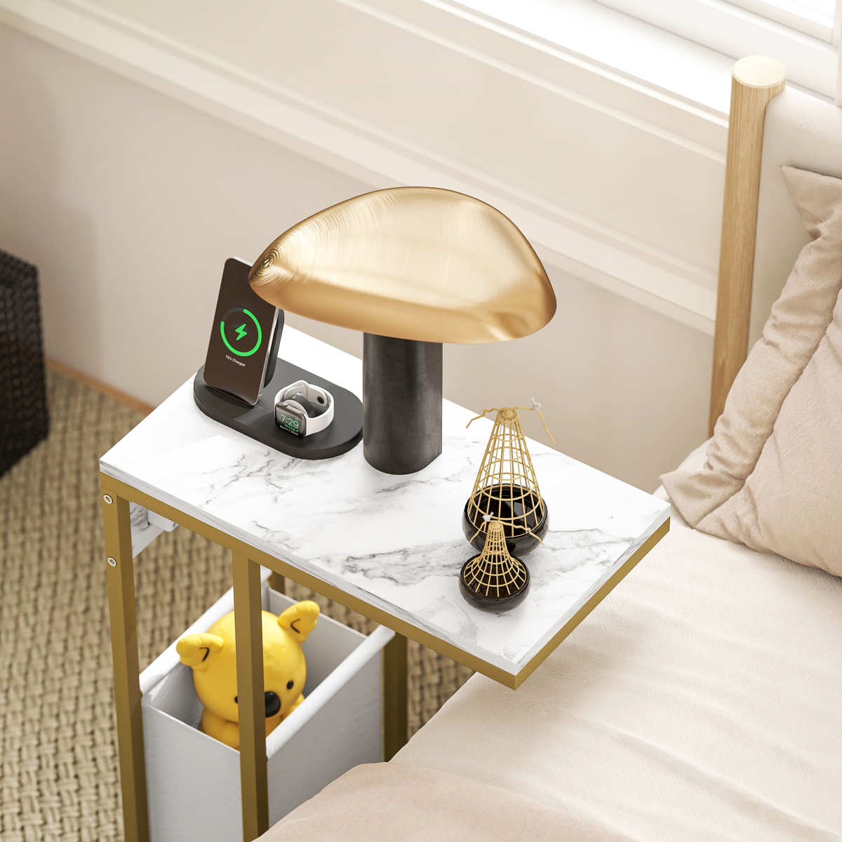 Modern C-Shaped Faux Marble Side Table with Charging Station & Chic Storage