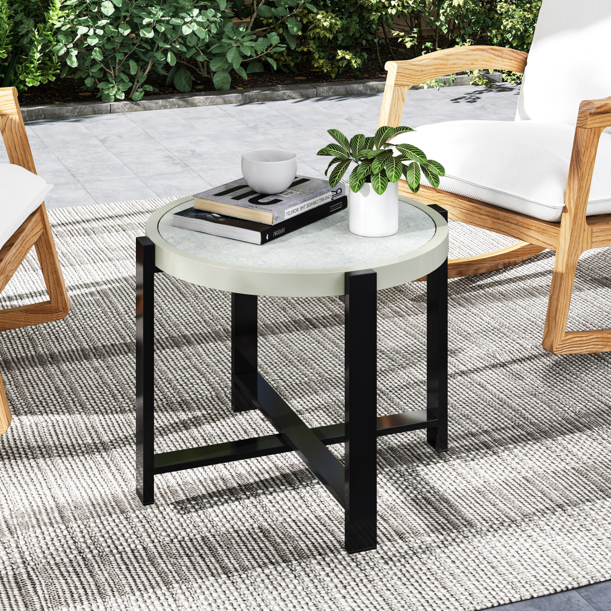 Chic Faux Marble Garden End Table - Modern Light Grey Design