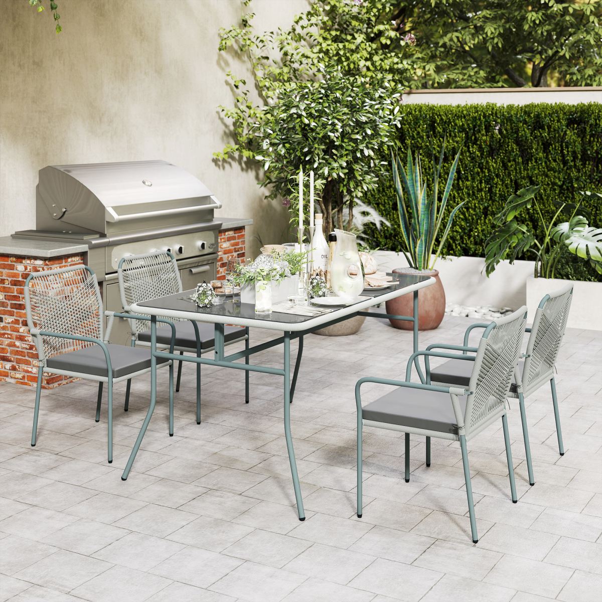 5-Piece Chic Light Grey PE Rattan Garden Dining Set with Cushions