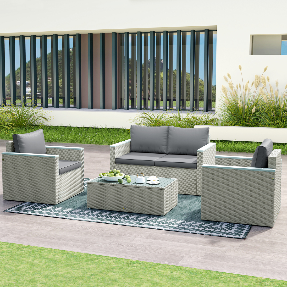 Chic 4-Piece Rattan Garden Set with Cushions - Light Grey Comfort!