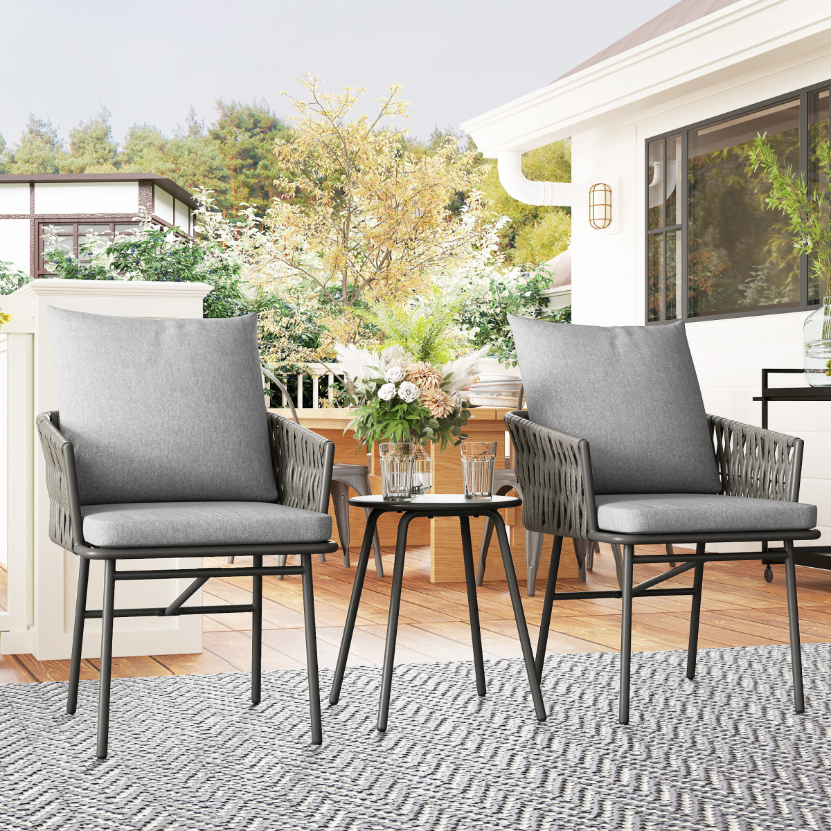 5-Piece Rattan Bistro Set - Stylish Outdoor Table & Cushions in Grey