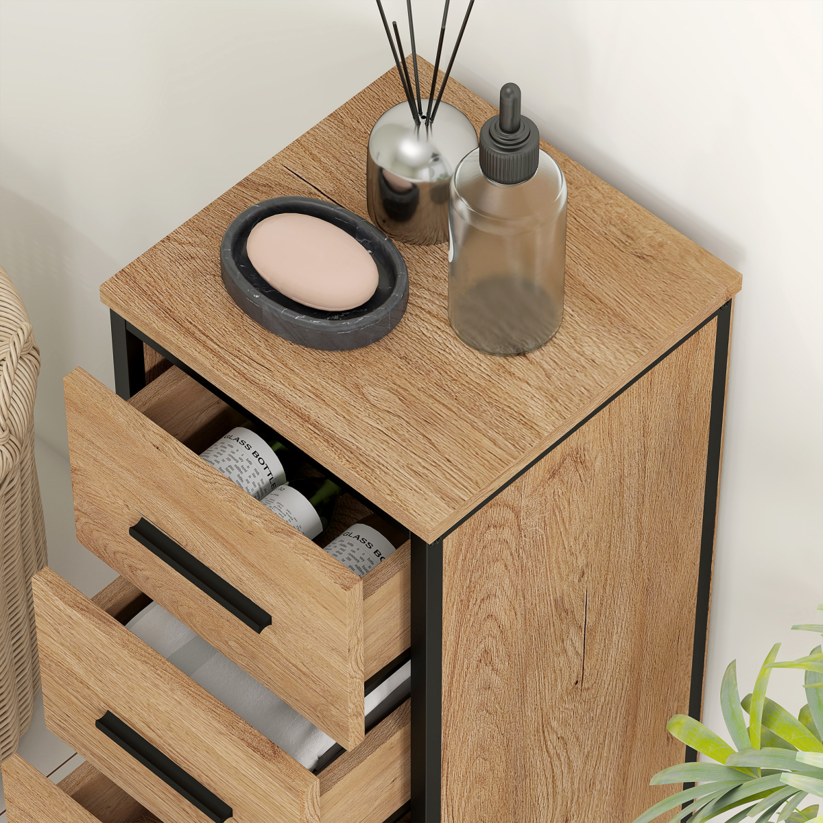 Slim Oak Bathroom Storage Cabinet with 4 Drawers – Space-Saving Solution!
