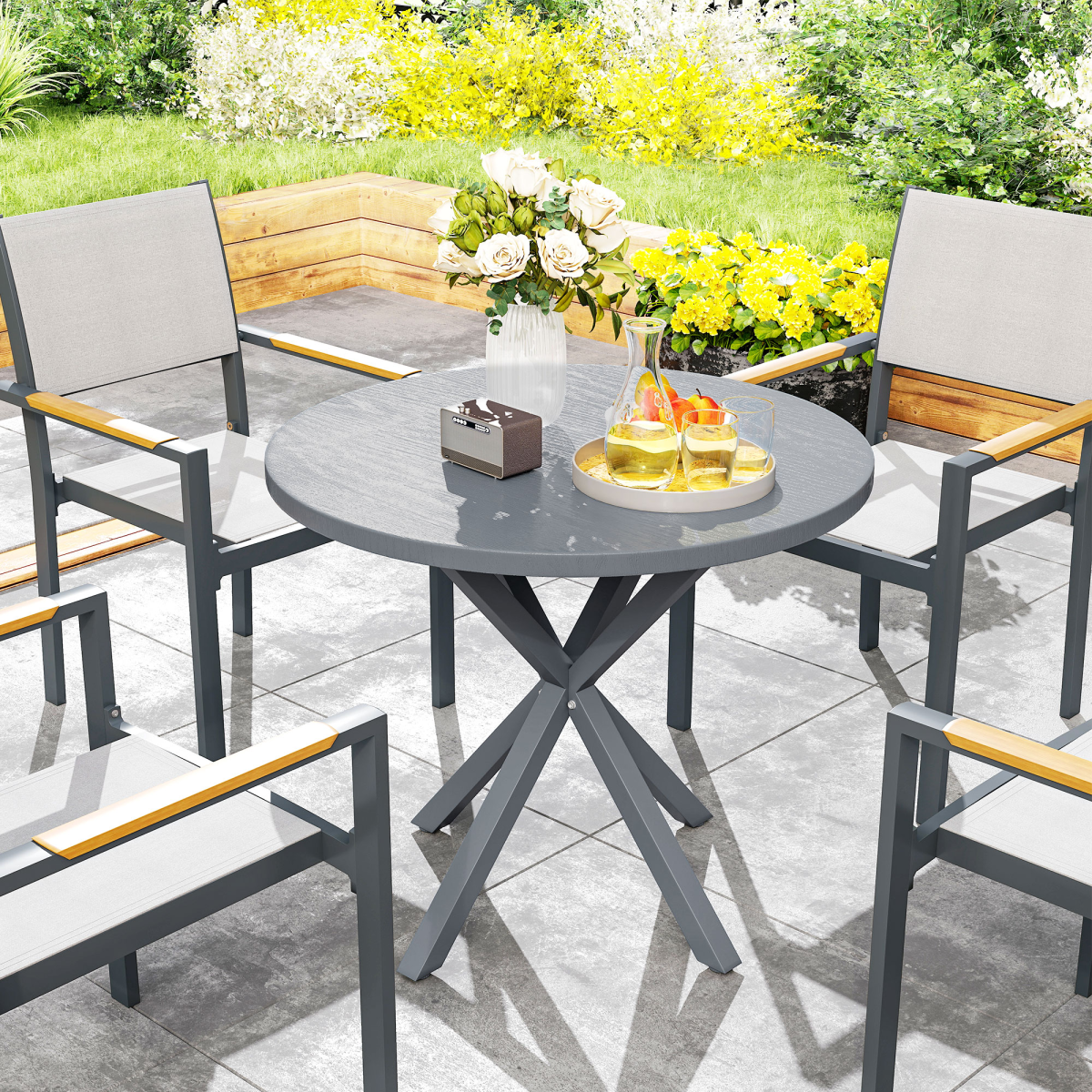 Round Garden Dining Table - Stylish Steel Frame & Wood-Effect Top