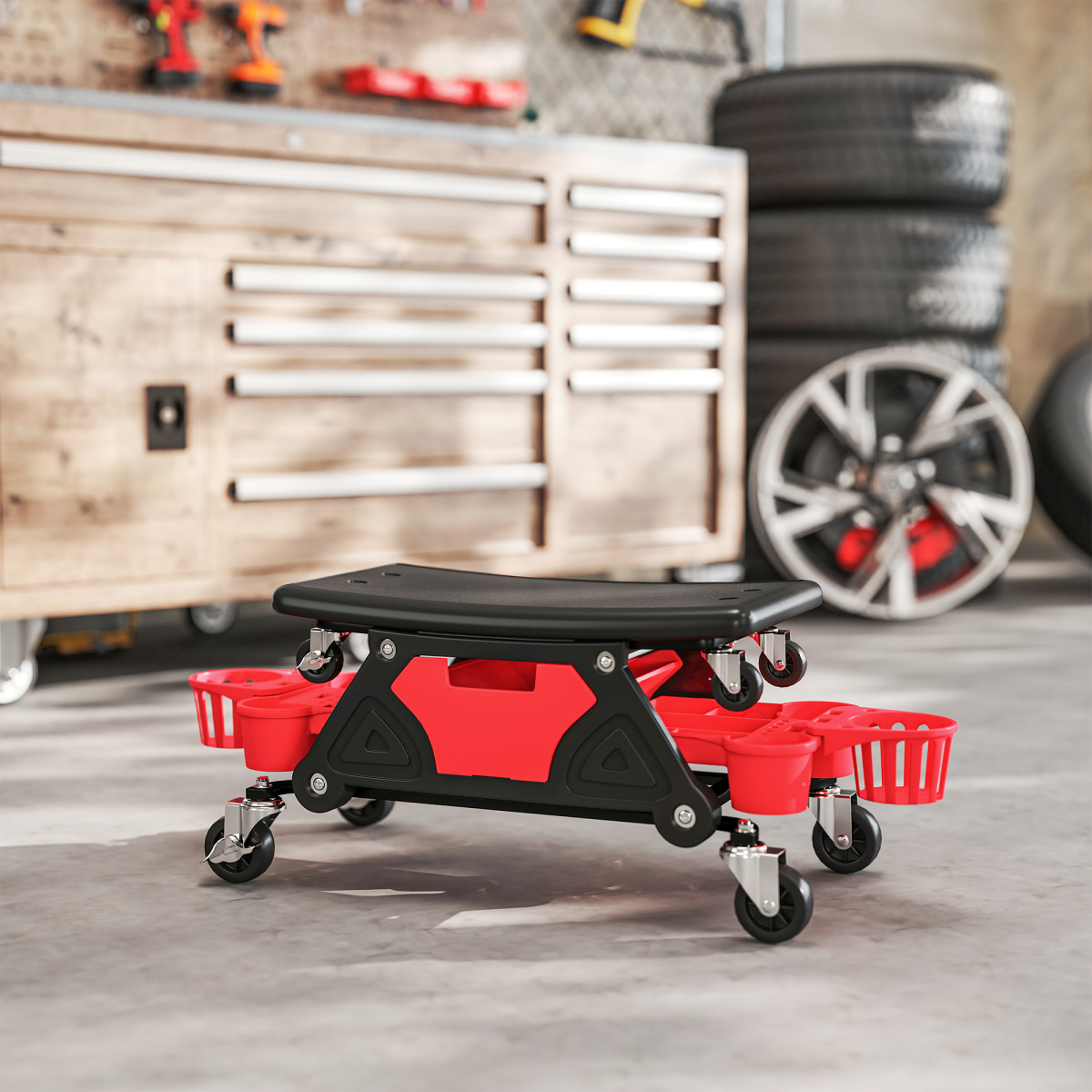 Heavy-Duty Rolling Mechanic Stool with Storage - 135kg, Red