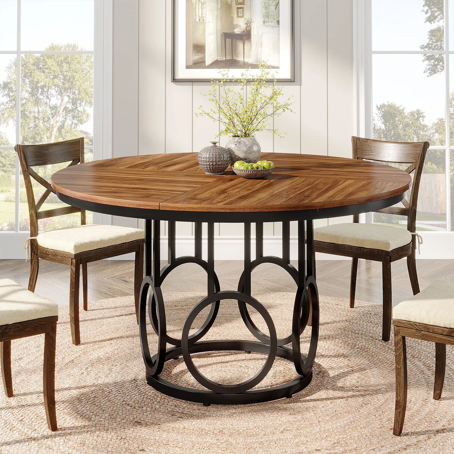 47" round Dining Table for 4 People, Farmhouse Kitchen Table with Wooden Texture Surface & Pedestal Base, round Table
