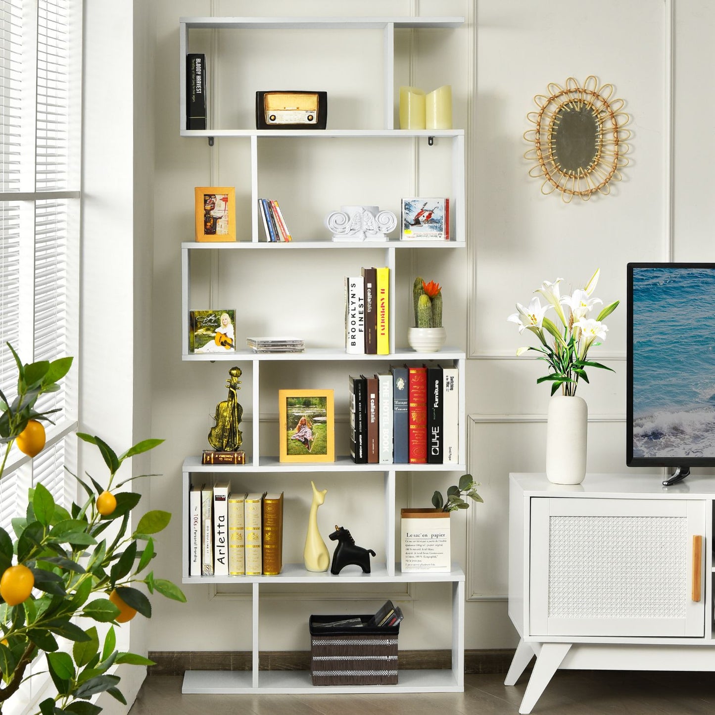 Stylish 6-Tier S-Shaped Wooden Industrial Bookshelf - Perfect for Home or Office Decor