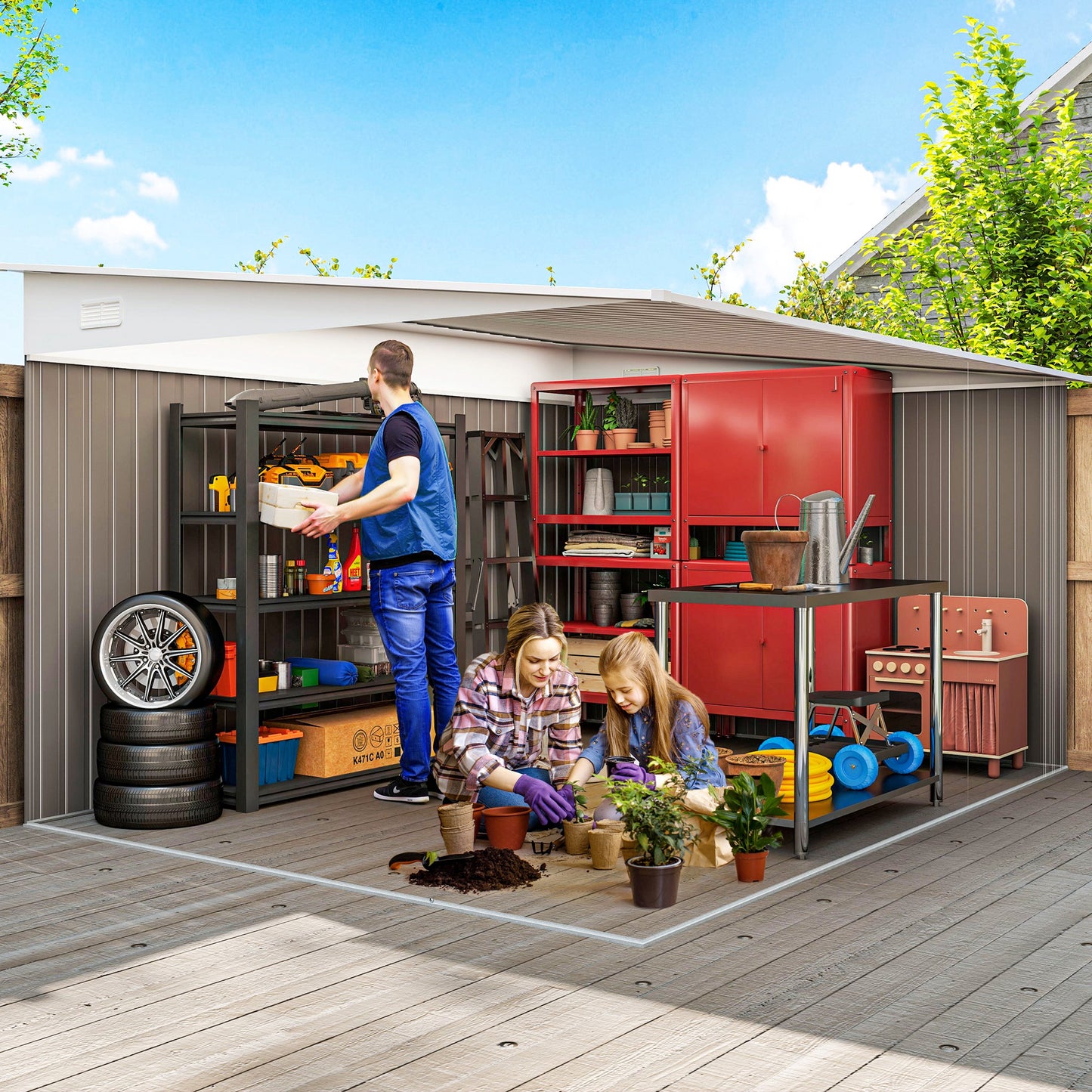 Outdoor 11.3x9.2ft Steel Garden Shed with Double Doors & Vents – Grey
