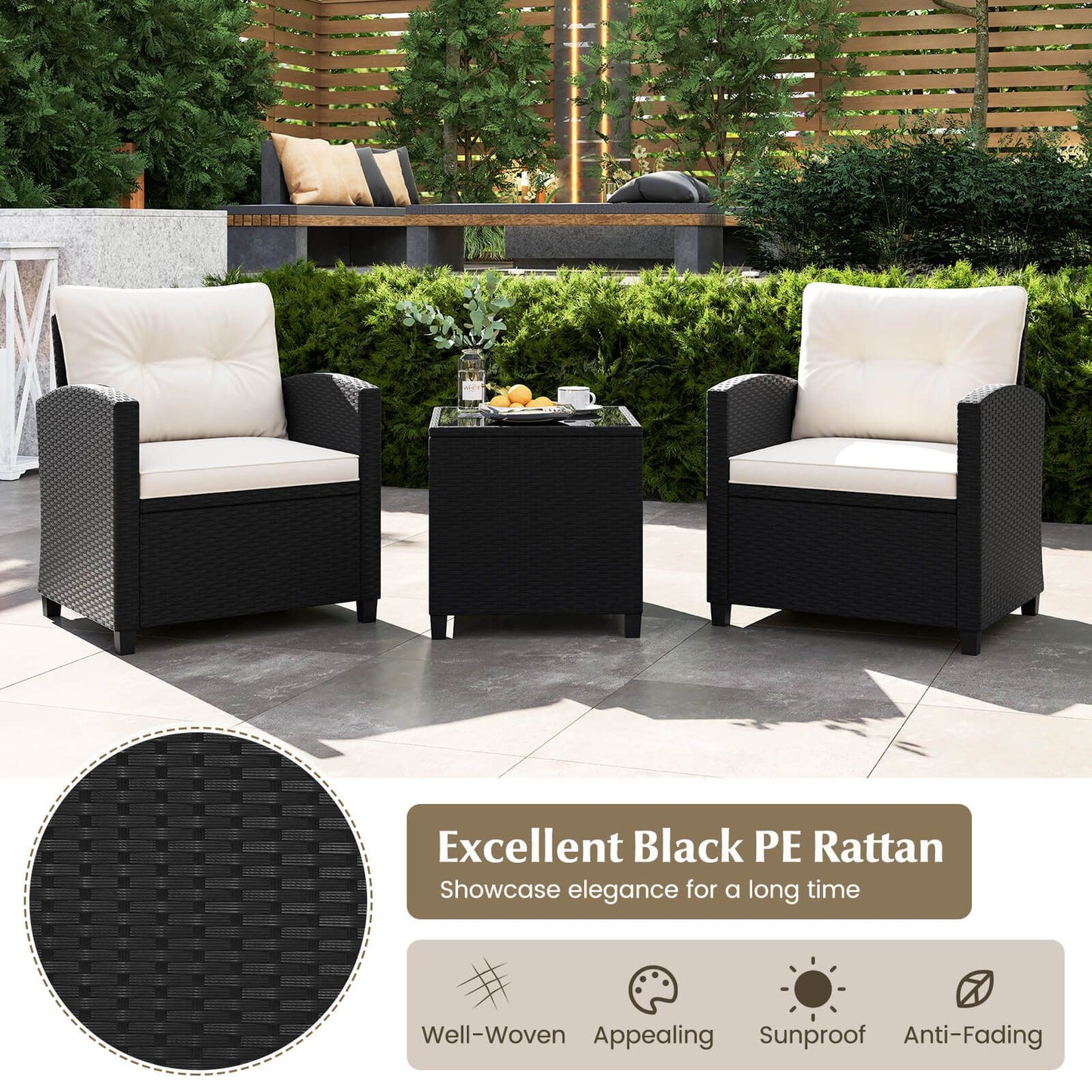 Stylish 3-Piece Rattan Patio Furniture Set with Comfortable Cushions for Ultimate Relaxation
