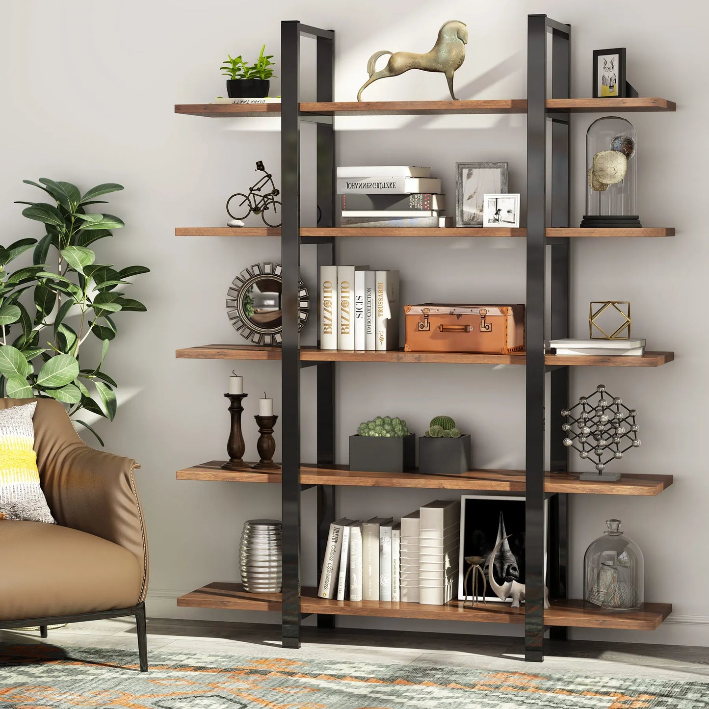 Stylish Industrial Tall Bookshelf - Wood & Metal Open Shelf Storage Unit
