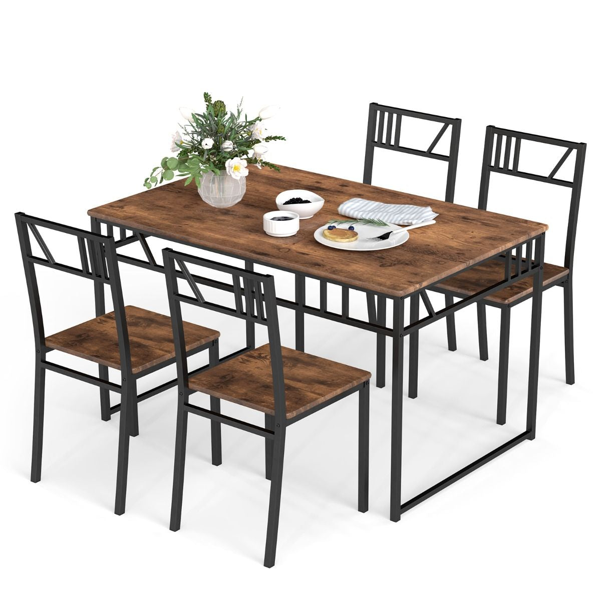 Stylish Industrial Kitchen Table Set with 4 Chairs - Wood-Look Top & Sturdy Metal Frame