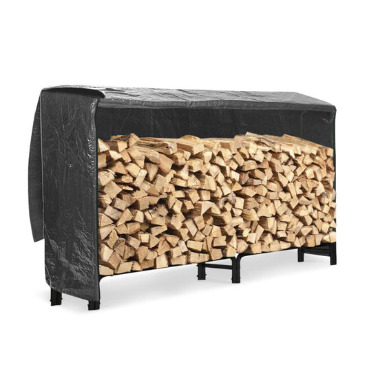 Firewood storage bench with black cover and stacked firewood on a white background