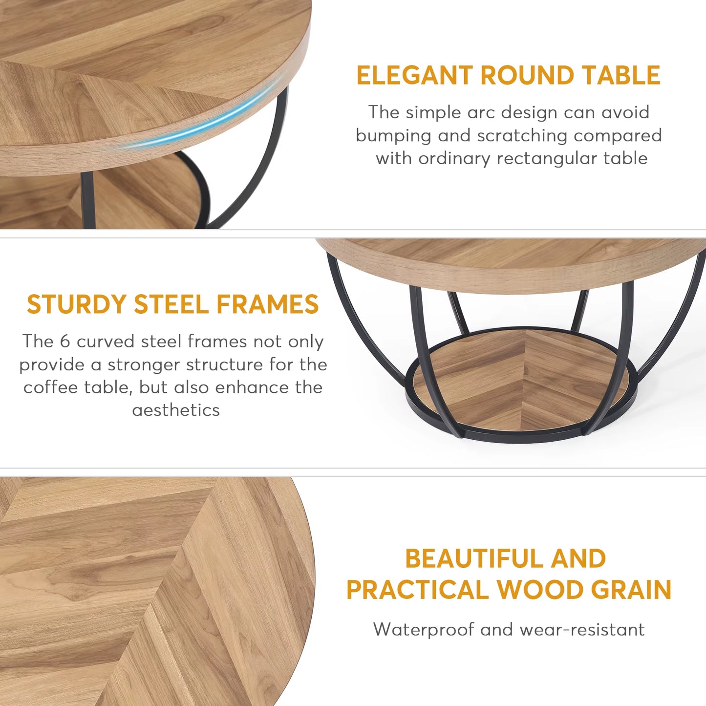 31.7" round Coffee Table, Industrial 2-Tier Circle Coffee Table with Storage Shelves, Modern Wooden Sofa Side Table