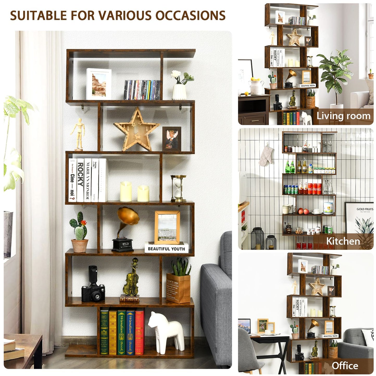 Stylish 6-Tier S-Shaped Wooden Industrial Bookshelf - Perfect for Home or Office Decor