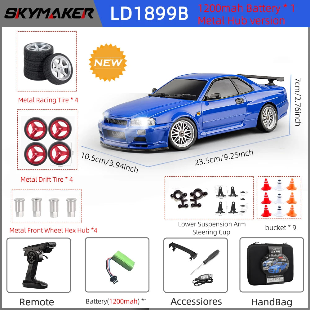 LD1899 1/18 Scale GTR R34 RC Drifting Car - High-Speed Alloy Body with Gyroscope & 2.4GHz RWD Remote Control Racing Vehicle