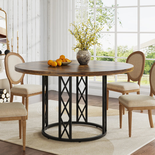 47" round Dining Table for 4 People, Farmhouse Kitchen Table with Wooden Texture Surface & Pedestal Base, round Table