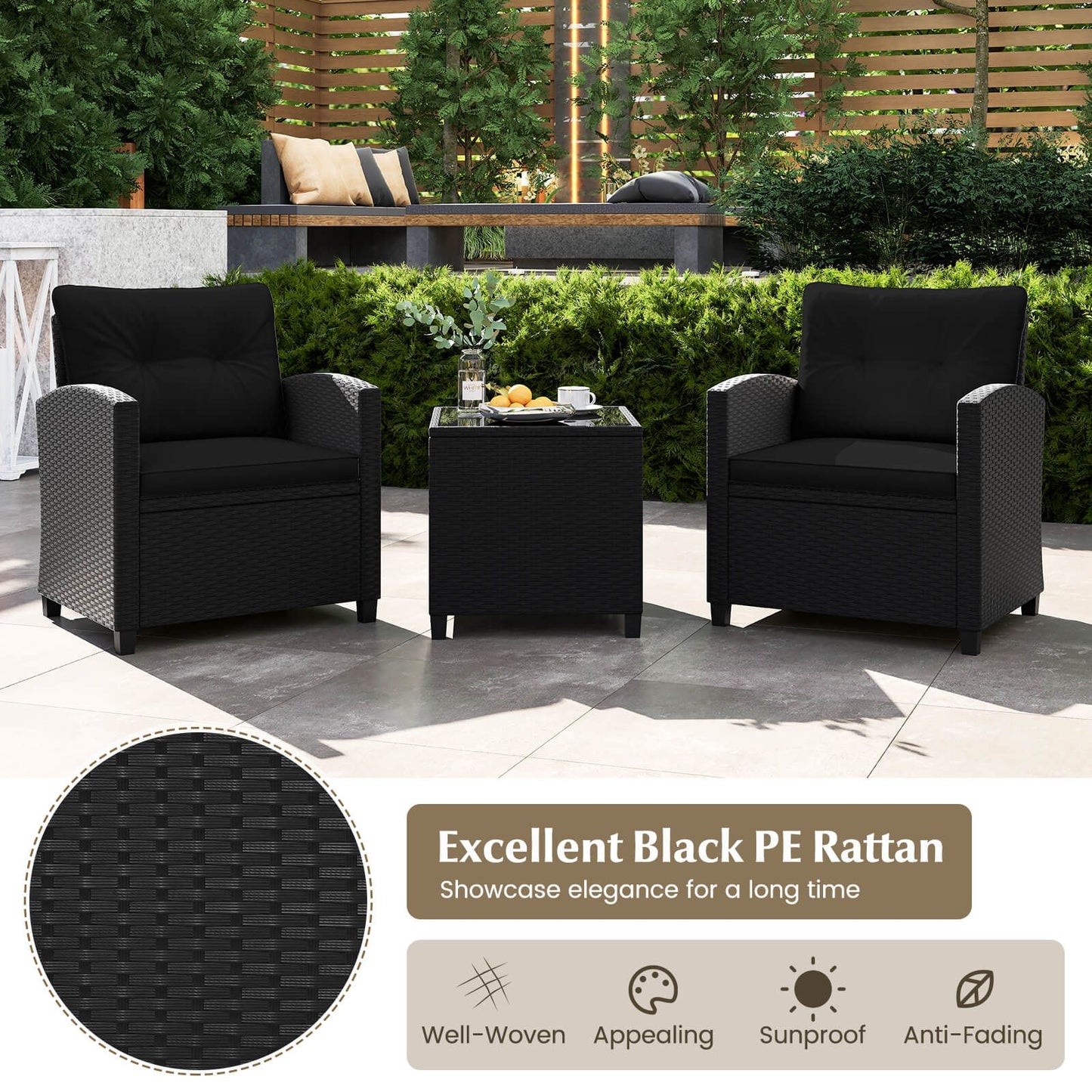 Stylish 3-Piece Rattan Patio Furniture Set with Comfortable Cushions for Ultimate Relaxation