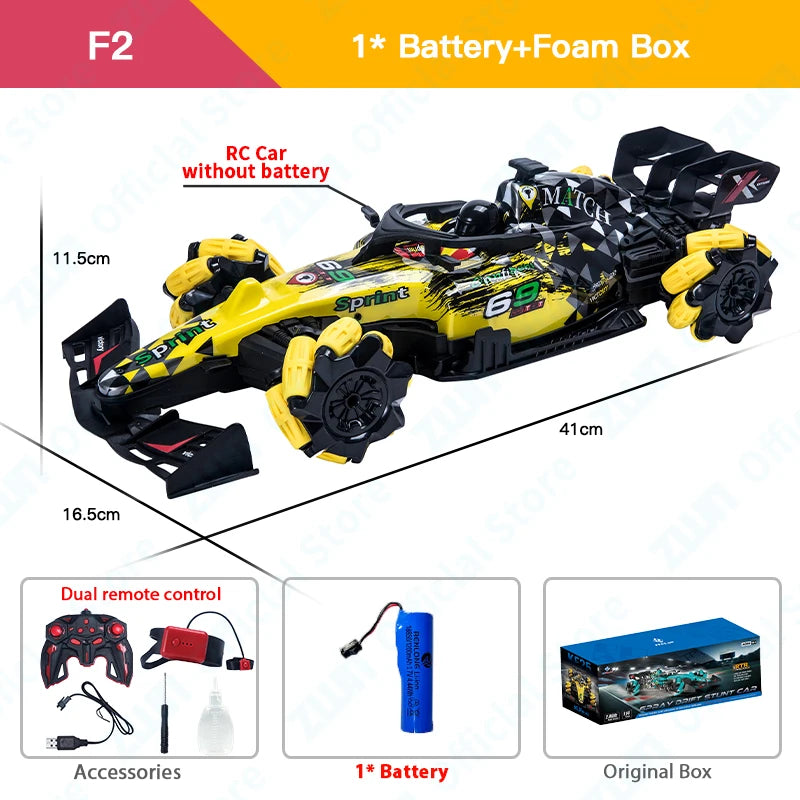 F1 RC Drift Car with LED Lights & Music - 2.4G Gesture Control Stunt Car for Kids - 4WD Electric Fun!