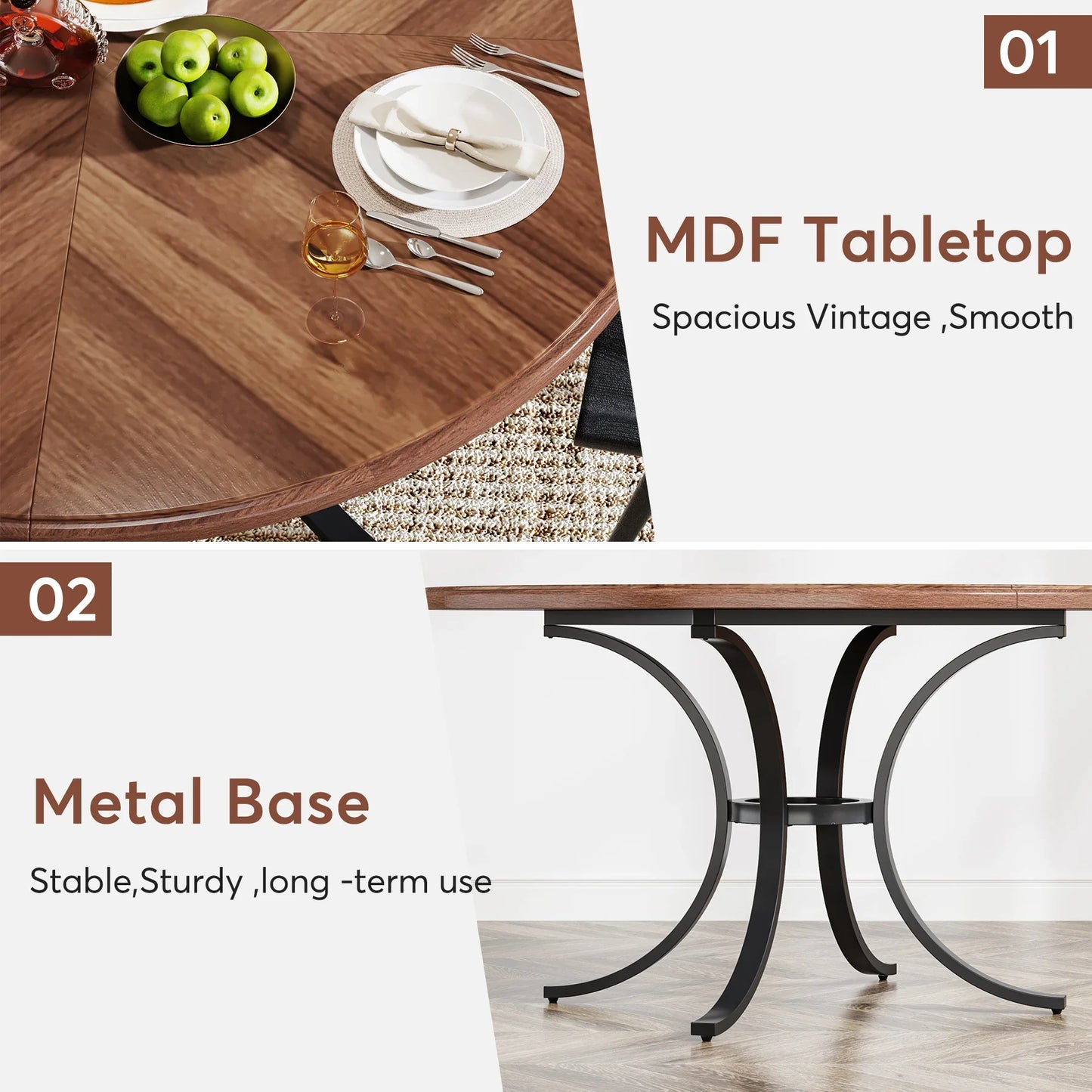 47" round Dining Table for 4 People, Farmhouse Kitchen Table with Wooden Texture Surface & Pedestal Base, round Table
