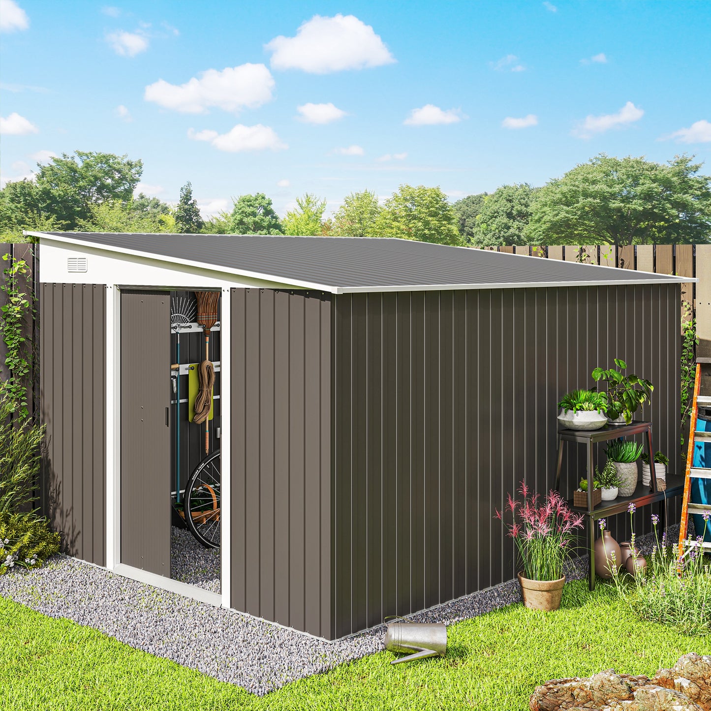 Outdoor 11.3x9.2ft Steel Garden Shed with Double Doors & Vents – Grey