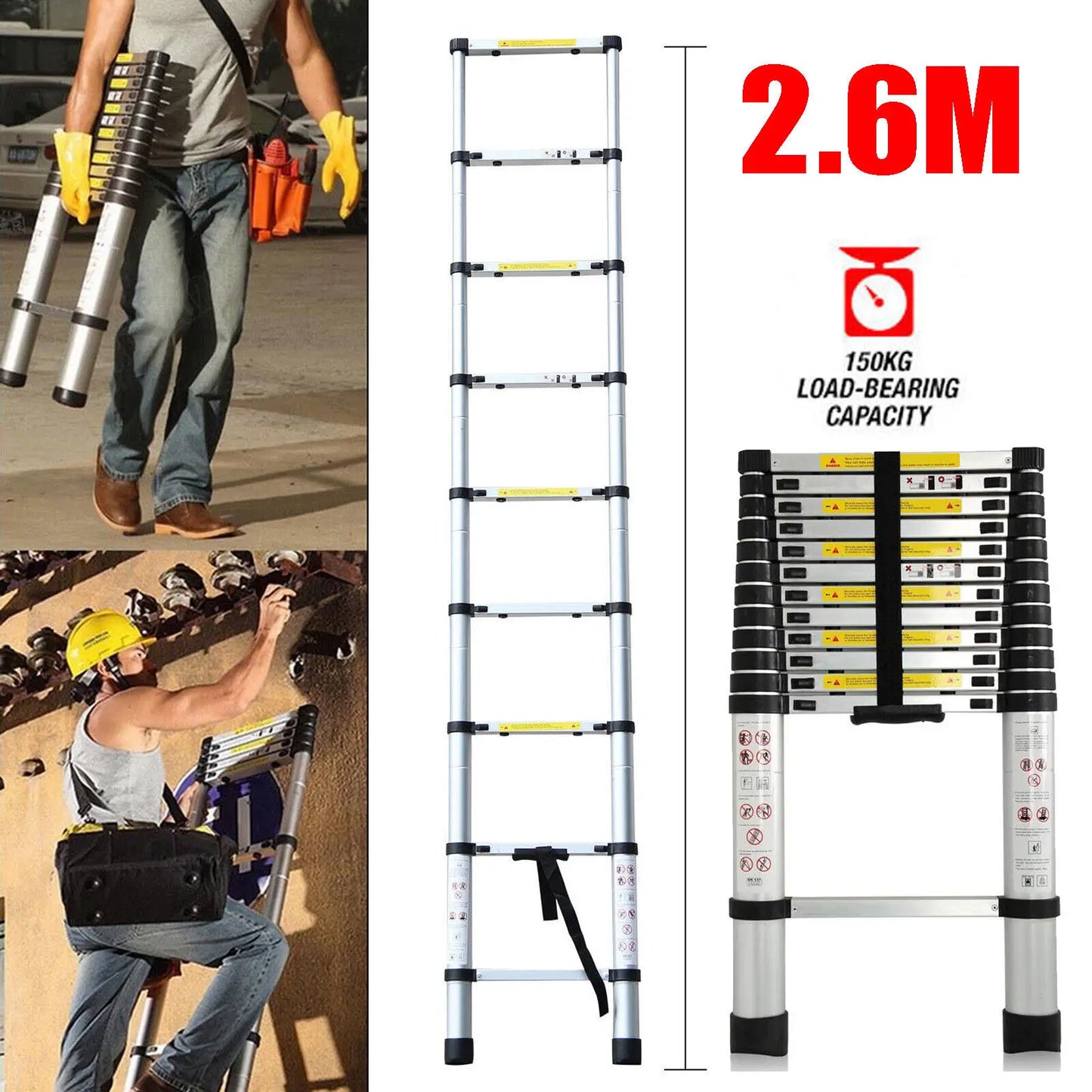 Telescopic Aluminium 2.6M-5M Folding Step Ladder,Multi-Purpose,Non-Slip,Extendible,Rungs,Lightweight,150Kg Load Capacity