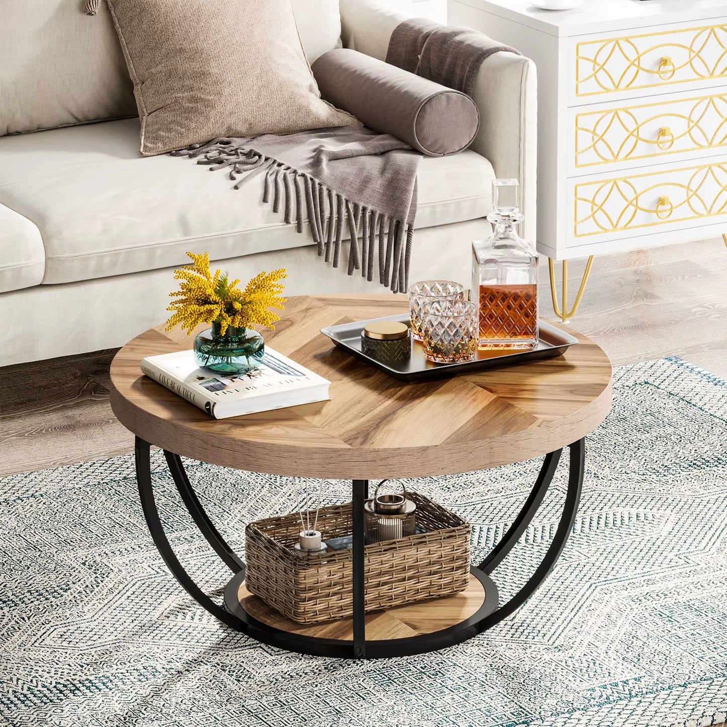 31.7" round Coffee Table, Industrial 2-Tier Circle Coffee Table with Storage Shelves, Modern Wooden Sofa Side Table