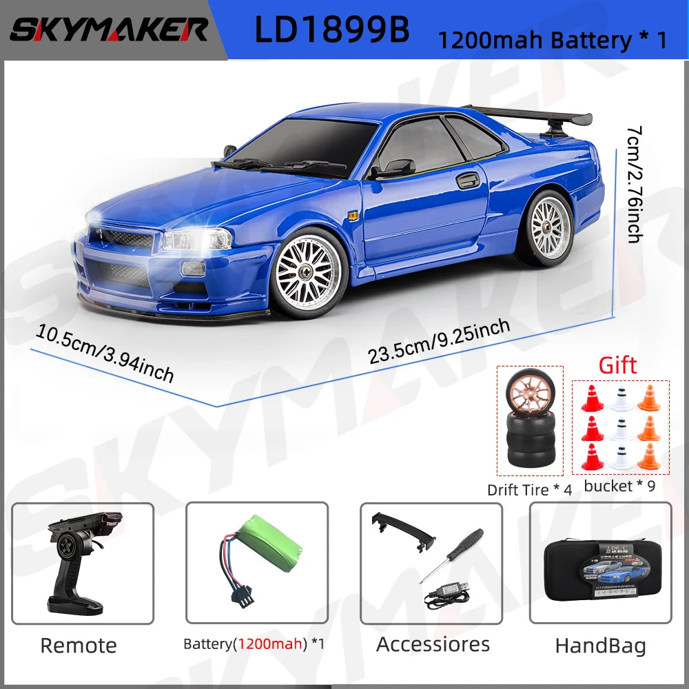 LD1899 1/18 Scale GTR R34 RC Drifting Car - High-Speed Alloy Body with Gyroscope & 2.4GHz RWD Remote Control Racing Vehicle