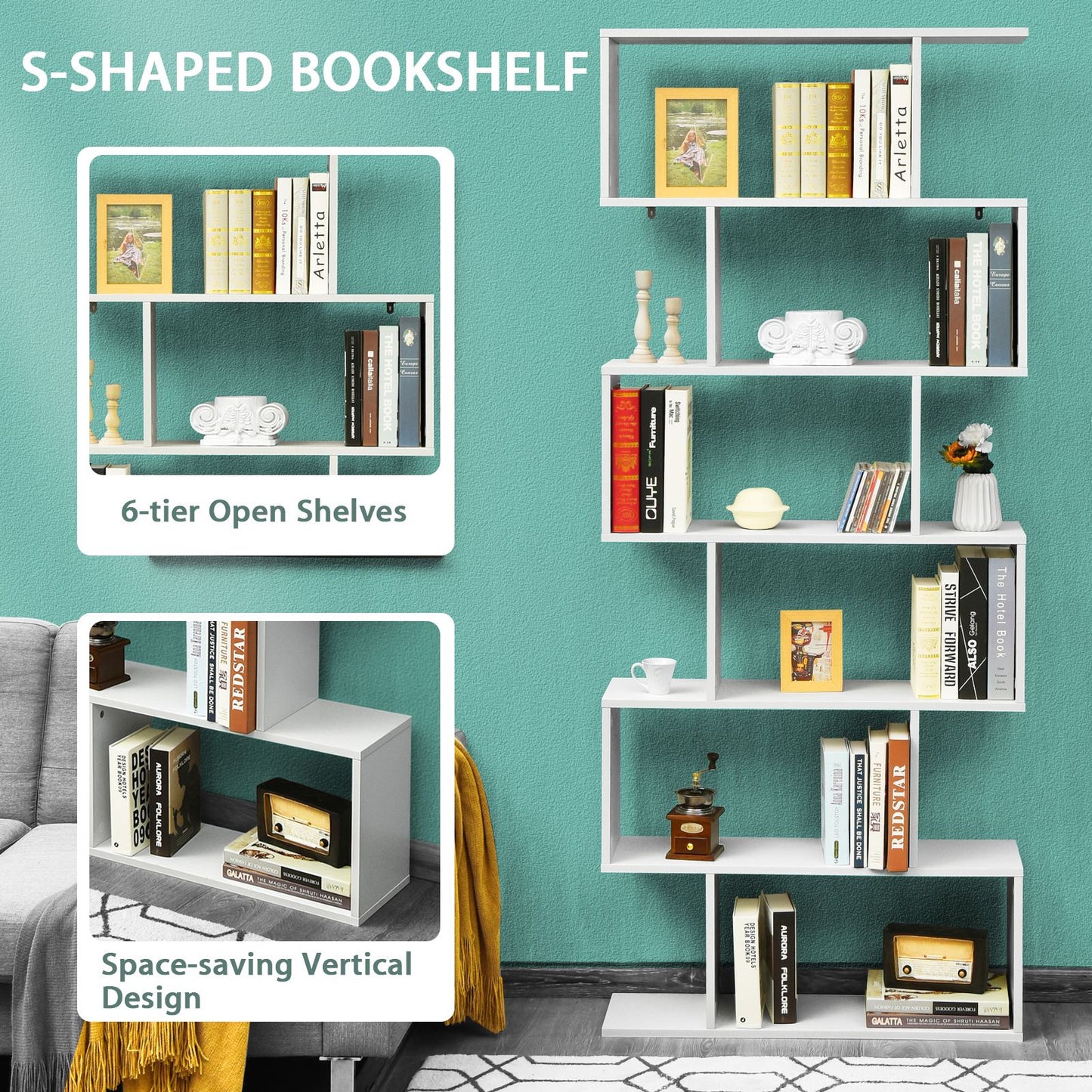 Stylish 6-Tier S-Shaped Wooden Industrial Bookshelf - Perfect for Home or Office Decor