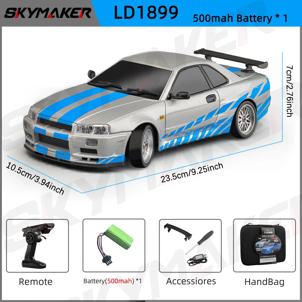 LD1899 1/18 Scale GTR R34 RC Drifting Car - High-Speed Alloy Body with Gyroscope & 2.4GHz RWD Remote Control Racing Vehicle