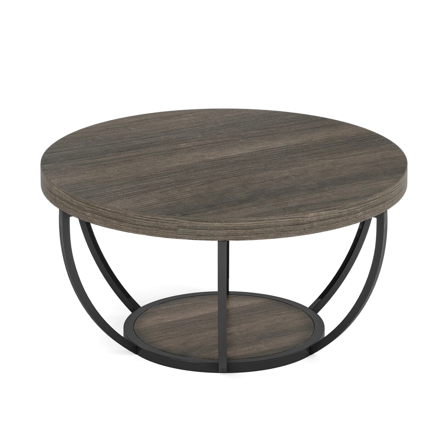 31.7" round Coffee Table, Industrial 2-Tier Circle Coffee Table with Storage Shelves, Modern Wooden Sofa Side Table