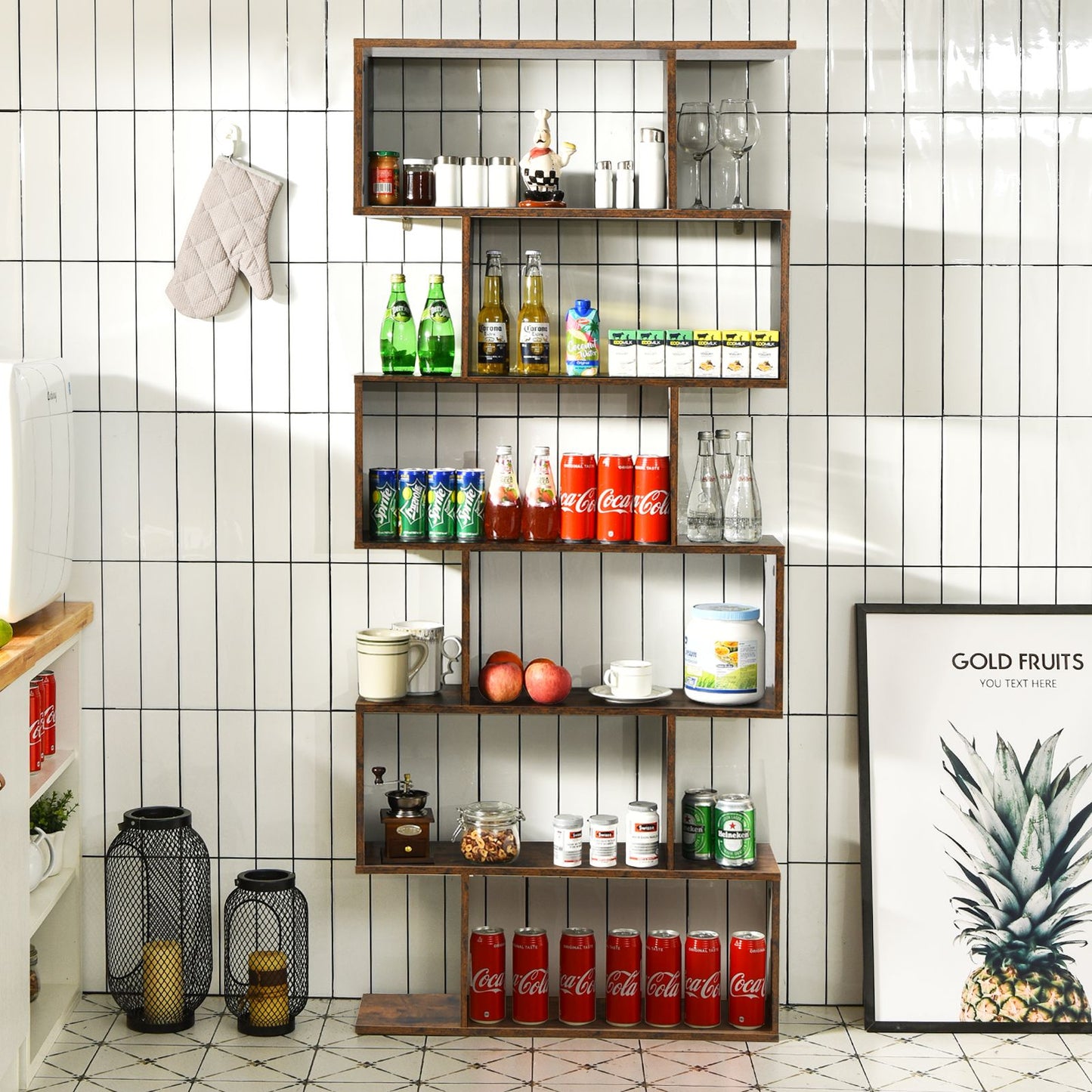 Stylish 6-Tier S-Shaped Wooden Industrial Bookshelf - Perfect for Home or Office Decor