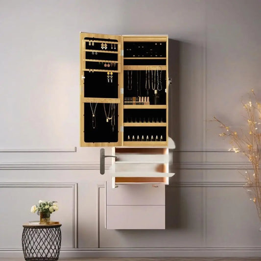 LED Illuminated Wall-Mounted Mirror Jewelry Cabinet Storage Organizer