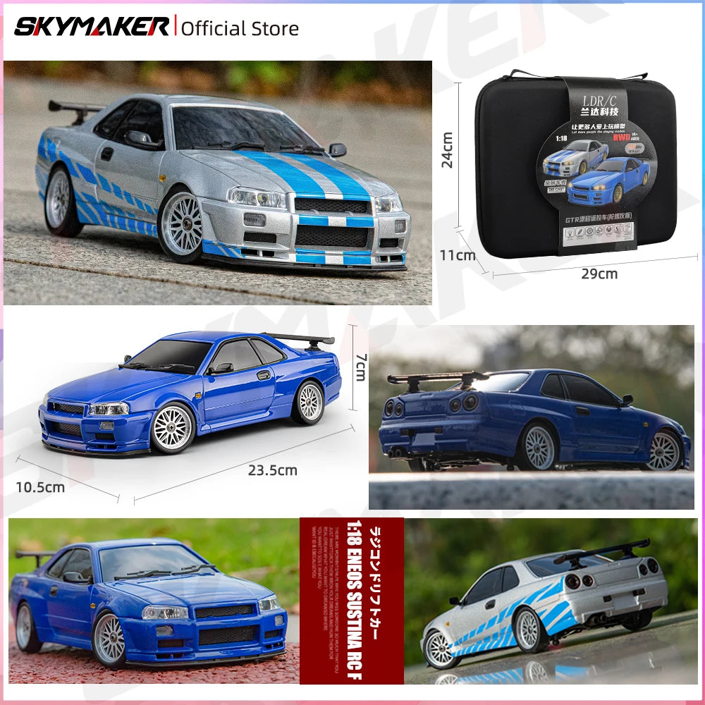 LD1899 1/18 Scale GTR R34 RC Drifting Car - High-Speed Alloy Body with Gyroscope & 2.4GHz RWD Remote Control Racing Vehicle