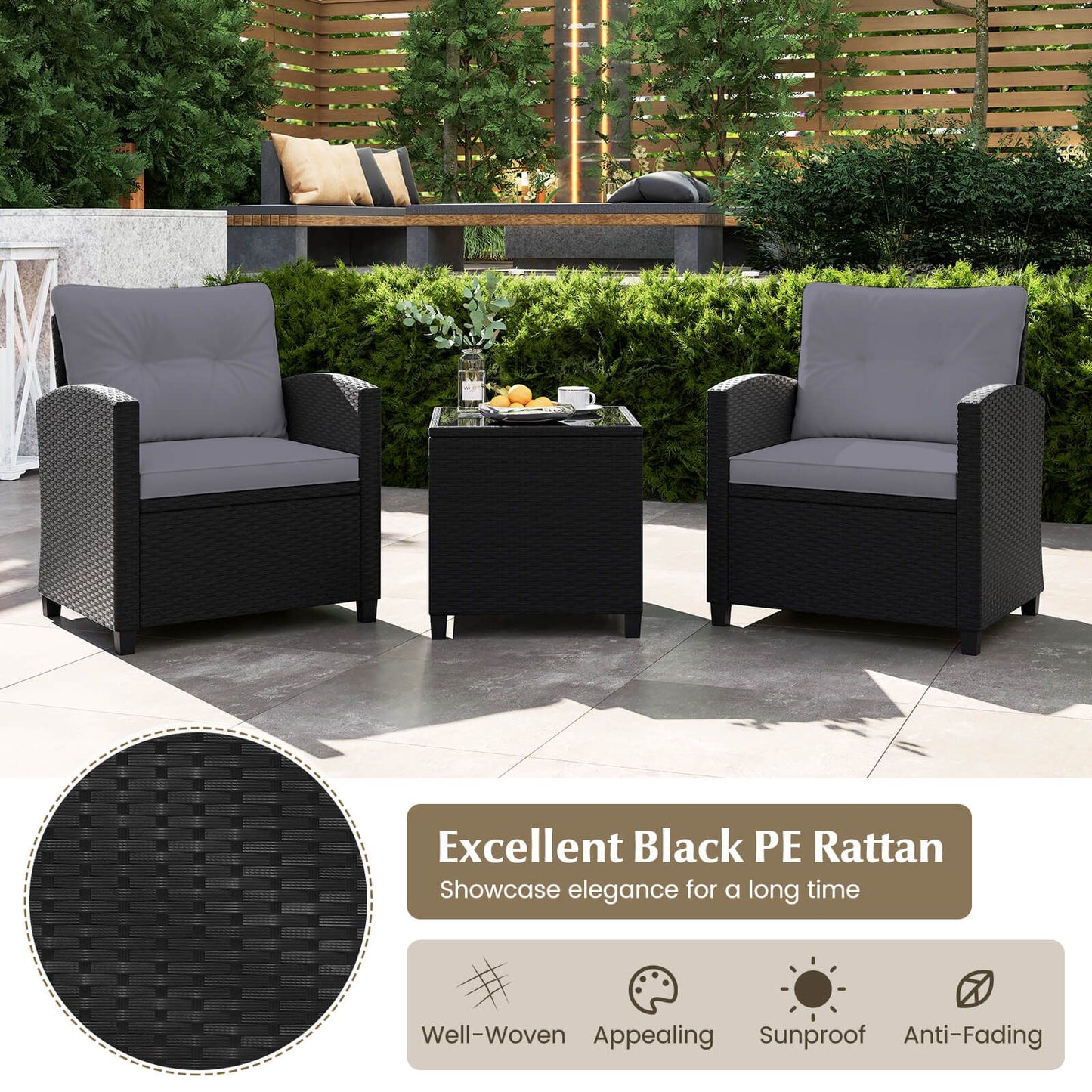 Stylish 3-Piece Rattan Patio Furniture Set with Comfortable Cushions for Ultimate Relaxation