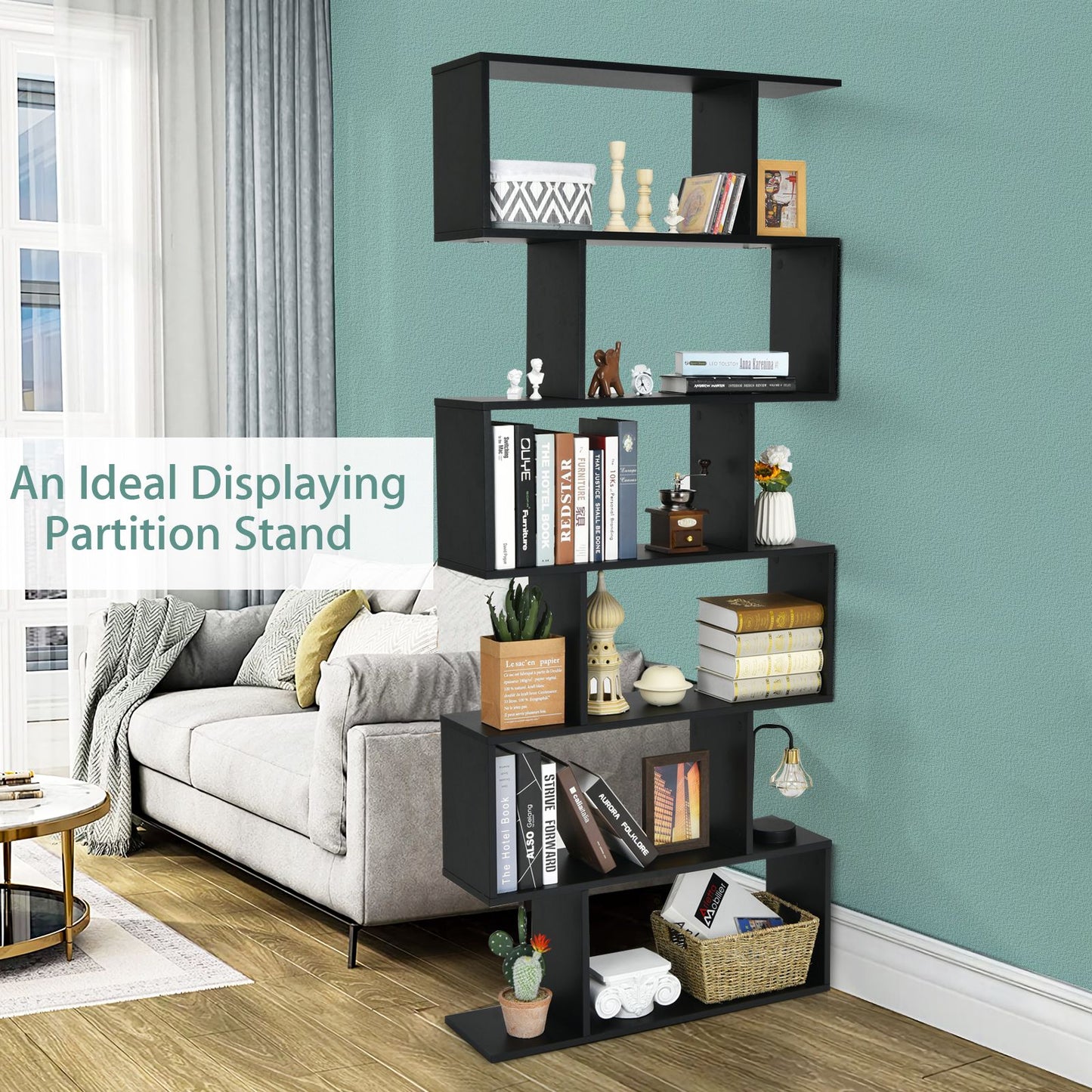 Stylish 6-Tier S-Shaped Wooden Industrial Bookshelf - Perfect for Home or Office Decor