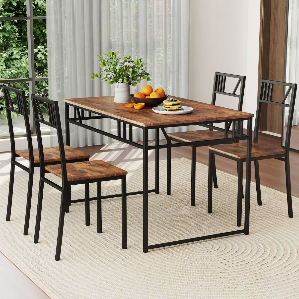 Stylish Industrial Kitchen Table Set with 4 Chairs - Wood-Look Top & Sturdy Metal Frame